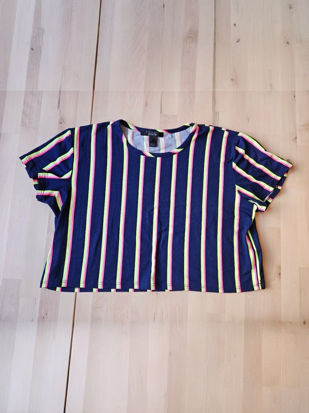 Streetwear Society Navy Crop Top with Neon Pink & Lime Stripes